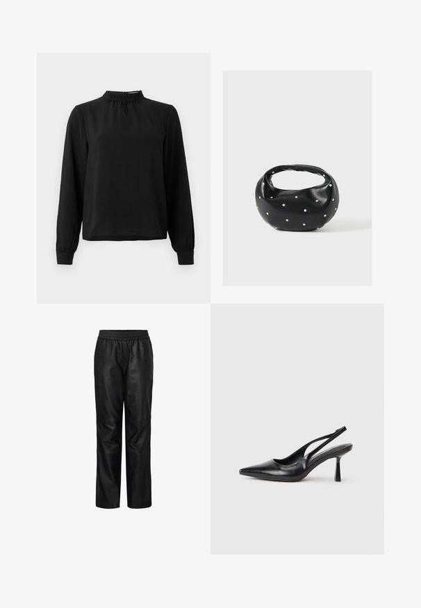 Sort langærmet bluse med en mock neck, tekstureret stof, samlet detalje ved halsudskæringen og tilpassede manchetter. Enkel, ren design.; Sorte læderbukser med elastisk talje, struktureret design, brede ben, glat tekstur samt synlige sømme og paneldetaljer.; Sort læderslagback højhælet sko med spids tå og slank hæl på en hvid baggrund.; Sort læderhåndtaske med en rundet form, dekoreret med sølvnitter, og et kort håndtag. Glat tekstur og lynlåslukning.
