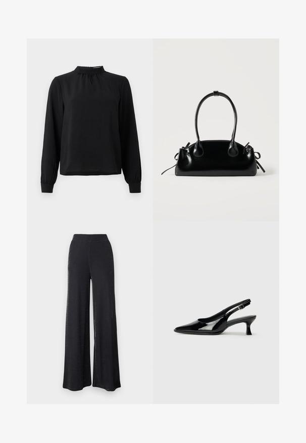 Zwarte blouse met lange mouwen en een mock neck, van een textuurstof, met geplooide details bij de hals en aansluitende manchetten. Eenvoudig, strak ontwerp.; Zwarte wijde broek gemaakt van een zachte, rekbare stof met een subtiele glans, voorzien van een elastische tailleband en een relaxte pasvorm.; Zwarte lakleren slingback schoenen met een spitse neus en een lage blokhak. Verstelbare gespband bij de enkel.; Kleine zwarte glanzende handtas met twee lange hengsels en zijkant trekkoord details op een effen lichte achtergrond.
