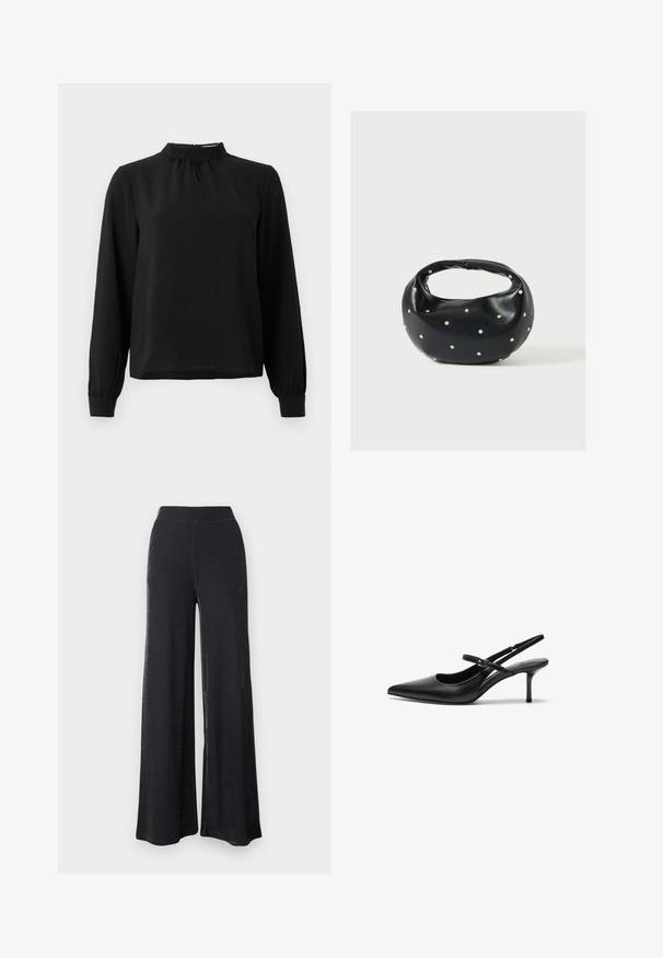 Sort langærmet bluse med en mock neck, tekstureret stof, samlet detalje ved halsudskæringen og tilpassede manchetter. Enkel, ren design.; Sorte breddebenede bukser lavet af et blødt, strækbart materiale med en subtil glans, der har en elastisk linning og en afslappet pasform.; Sorte læder slingback hæle med spids tå, slank justerbar rem og en stiletto hæl på cirka 5 cm, glat tekstur.; Sort læderhåndtaske med en rundet form, dekoreret med sølvnitter, og et kort håndtag. Glat tekstur og lynlåslukning.