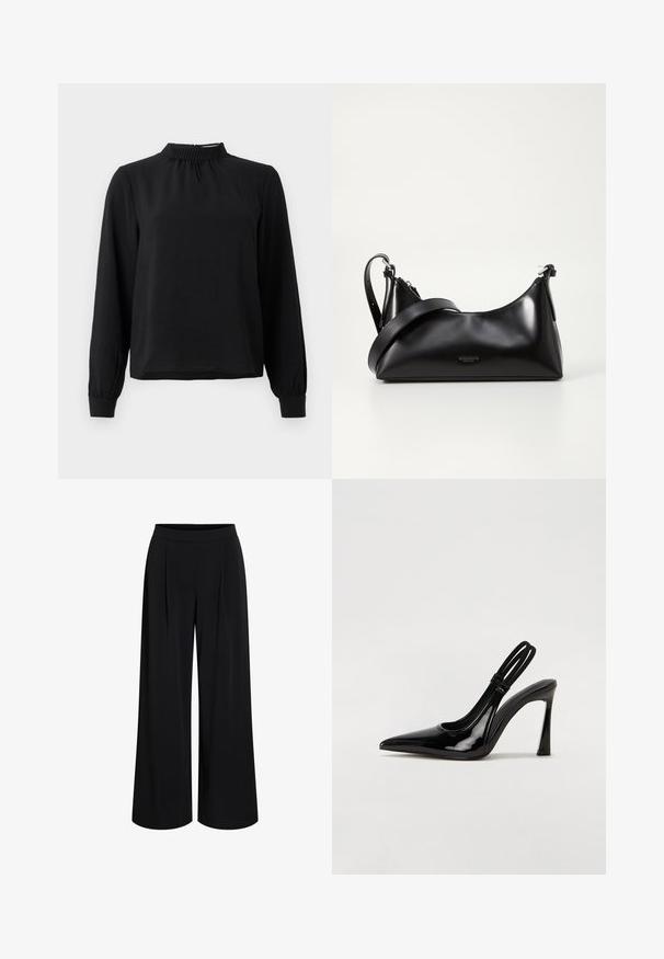 Sort langærmet bluse med en mock neck, tekstureret stof, samlet detalje ved halsudskæringen og tilpassede manchetter. Enkel, ren design.; Sorte bukser med vide ben, høj talje og forreste læg, designet til en løs, flydende pasform.; Sorte patenterede lædersædler med spidse tæer, slank høj hæl og dobbelt elastisk rem for sikker pasform. Glat, skinnende overflade.; Sort læderhåndtaske med en glat tekstur. Har en justerbar stropp og et enkelt, minimalistisk design med lynlås.