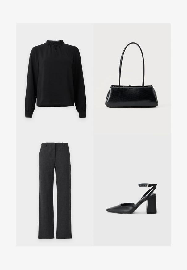 Blusa negra de manga larga con cuello alto, tejido texturizado, detalles fruncidos en el escote y puños ajustados. Diseño simple y limpio.; Pantalones rectos de color gris carbón, fabricados con una tela texturizada. Presentan trabillas para el cinturón, un frente plano y sin bolsillos visibles.; Zapato de tacón puntiagudo de cuero negro con tira en el tobillo y tacón ancho. Textura plana, diseño elegante y estética minimalista.; Bolso de hombro rectangular negro con correas largas y delgadas y una textura lisa y brillante sobre un fondo liso.