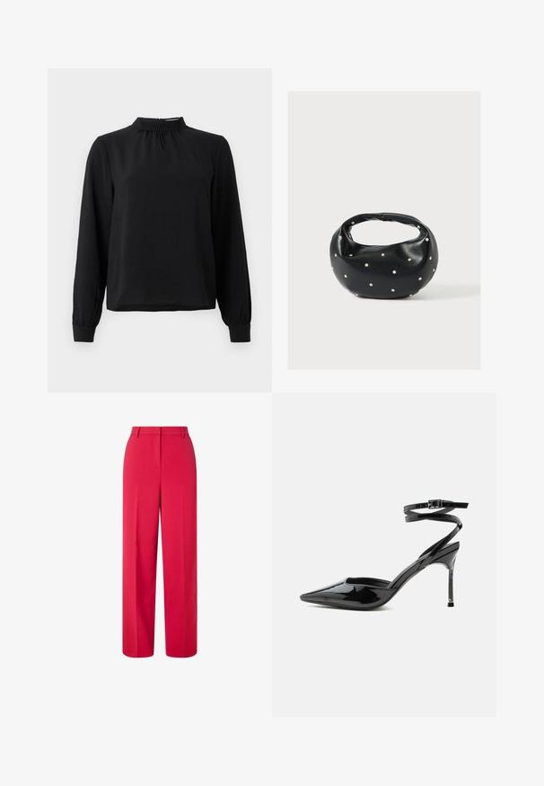 Zwarte blouse met lange mouwen en een mock neck, van een textuurstof, met geplooide details bij de hals en aansluitende manchetten. Eenvoudig, strak ontwerp.; Rode hoge taille wijde broek met riemlussen en een verborgen sluiting aan de voorkant op een witte achtergrond.; Zwarte lakleren pumps met spitse neus, hoge naaldhak, dunne enkelbandjes en een kleine gesp.; Zwarte leren handtas met een afgeronde vorm, versierd met zilveren studs, en een korte handgreep. Gladde textuur en ritsluiting.