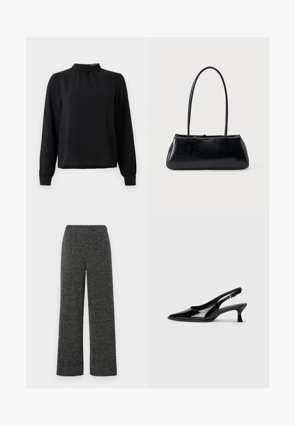 Blusa negra de manga larga con cuello alto, tejido texturizado, detalles fruncidos en el escote y puños ajustados. Diseño simple y limpio.; Pantalones de pierna ancha en tejido texturizado negro y gris, con una cintura elástica para mayor comodidad. Sin bolsillos ni cierres visibles.; Zapatos de charol negro tipo slingback con punta afilada y tacón bajo. Correa ajustable con hebilla en el tobillo.; Bolso de hombro rectangular negro con correas largas y delgadas y una textura lisa y brillante sobre un fondo liso.