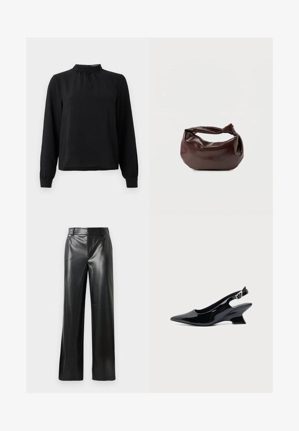 Sort langærmet bluse med en mock neck, tekstureret stof, samlet detalje ved halsudskæringen og tilpassede manchetter. Enkel, ren design.; Sorte læder bukser med bred benvidde og en glat tekstur, der har en mid-rise talje og diskrete skrædderlinjer foran.; Sort laklæder slingback sko med spids tå og lav vinklet blokhæl på ensartet lys baggrund.; Mørkebrun læder skuldertaske med en blød, afslappet form og et snoet knudehåndtag på en ensartet hvid baggrund.