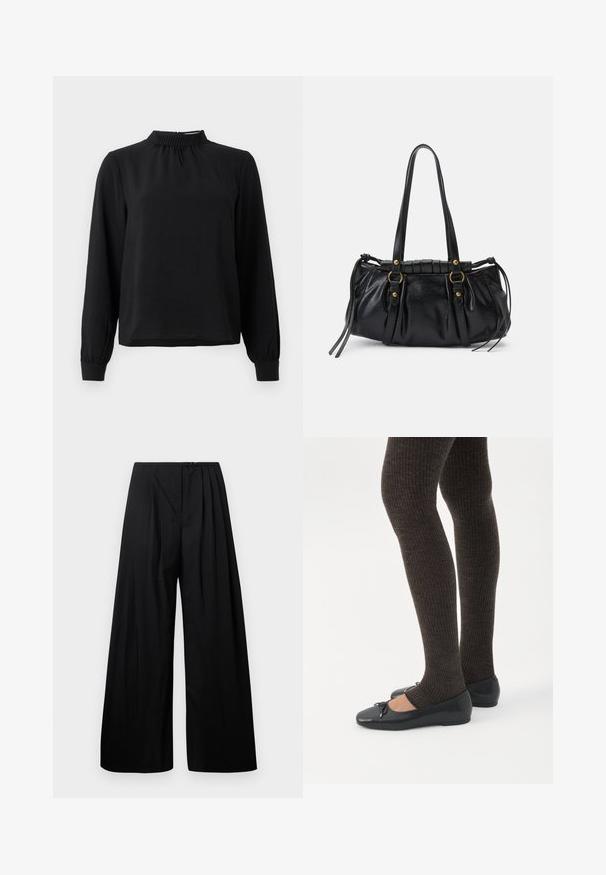 Blusa negra de manga larga con cuello alto, tejido texturizado, detalles fruncidos en el escote y puños ajustados. Diseño simple y limpio.; Pantalones de pierna ancha negros con cintura alta, que cuentan con pliegues verticales y cierre de botón. Textura suave, diseño minimalista.; Piernas con leggings oscuros acanalados combinados con bailarinas negras que presentan pequeños detalles de lazo sobre un fondo blanco.; Bolso de mano de cuero negro con forma redondeada, asas dobles, acentos de hardware decorativo y detalles de lazo en los laterales. Textura lisa y brillante.