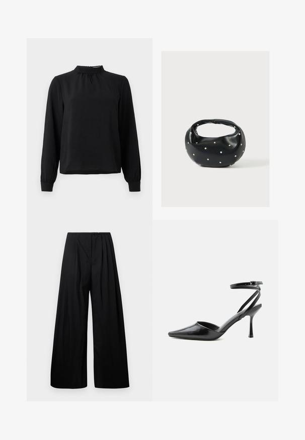 Schwarzbluse mit langen Ärmeln und Stehkragen, strukturiertem Stoff, gerafften Details am Ausschnitt und schmalen Manschetten. Einfaches, klares Design.; Schwarze weite Hose mit hoher Taille, versehen mit vertikalen Falten und einem Knopfverschluss. Glatte Textur, minimalistisches Design.; Schwarzer spitzer High Heel mit dünnen Knöchelriemen und silberner Schnalle auf einfachem hellem Hintergrund.; Schwarze Lederhandtasche mit abgerundeter Form, verziert mit silbernen Nietenakzenten und kurzem Griff. Glatte Struktur und Reißverschlussverschluss.