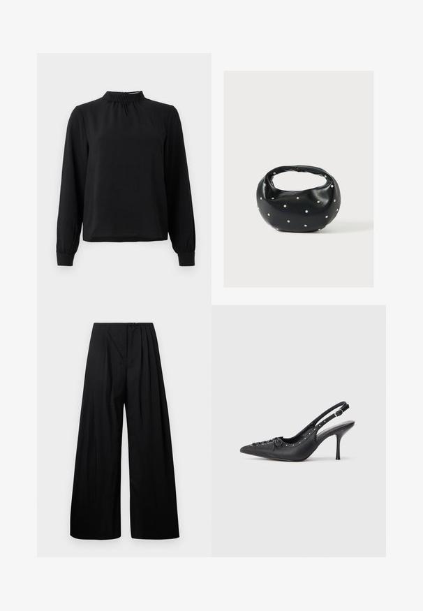 Schwarzbluse mit langen Ärmeln und Stehkragen, strukturiertem Stoff, gerafften Details am Ausschnitt und schmalen Manschetten. Einfaches, klares Design.; Schwarze weite Hose mit hoher Taille, versehen mit vertikalen Falten und einem Knopfverschluss. Glatte Textur, minimalistisches Design.; Schwarzer Leder-Slingback-Stiletto mit spitzem Zehenaufsatz, seitlichem Schnallenriemen, Nieten entlang der Kante und dekorativer Schnürung vorne.; Schwarze Lederhandtasche mit abgerundeter Form, verziert mit silbernen Nietenakzenten und kurzem Griff. Glatte Struktur und Reißverschlussverschluss.