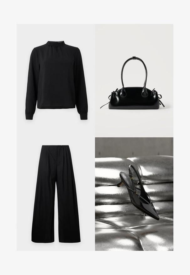 Blouse noire à manches longues avec un col montant, tissu texturé, détails froncés au niveau du col et poignets ajustés. Design simple et épuré.; Pantalons larges noirs à taille haute, dotés de plis verticaux et d'une fermeture à bouton. Texture lisse, design minimaliste.; Chaussure slingback noire en cuir verni à bout pointu avec petit talon reposant sur une surface capitonnée métallique argentée brillante.; Petit sac à main noir brillant avec deux longues anses et des détails à cordon sur les côtés sur un fond clair uni.