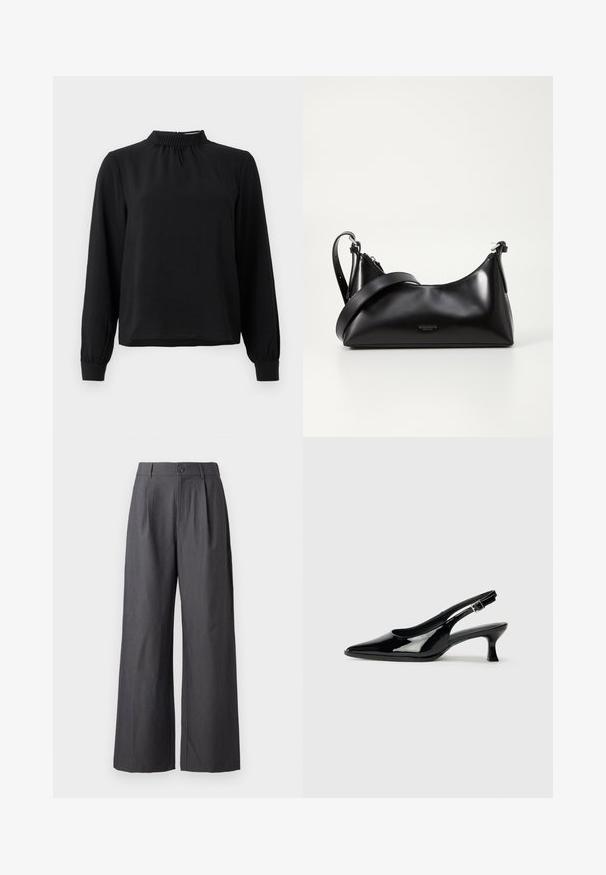 Schwarzbluse mit langen Ärmeln und Stehkragen, strukturiertem Stoff, gerafften Details am Ausschnitt und schmalen Manschetten. Einfaches, klares Design.; Dunkelgraue, weit geschnittene Hose mit Falten, Gürtelschlaufen und Knopfverschluss an der Taille, auf einfarbigem Hintergrund dargestellt.; Schwarze Lackleder Slingback-Schuhe mit spitzem Zehenbereich und niedrigem Blockabsatz. Verstellbarer Riemen mit Schnalle am Knöchel.; Schwarze lederne Handtasche mit glatter Textur. Verfügt über einen verstellbaren Riemen und ein elegantes, minimalistisches Design mit einem Reißverschluss.