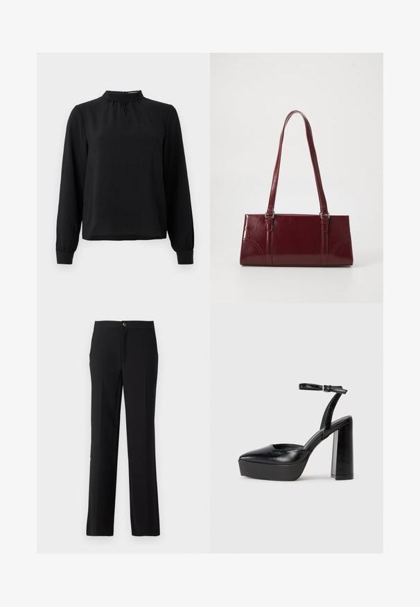 Sort langærmet bluse med en mock neck, tekstureret stof, samlet detalje ved halsudskæringen og tilpassede manchetter. Enkel, ren design.; Sorte bukser med lige ben, lavet af glat stof. Inkluderer knaplukning foran og sidelommer.; Sorte platformhæle med spidse tæer og justerbar ankelrem. Construeret i glat læder, med en kraftig blokhæl.; Bordeaux håndtaske lavet af glansfuldt materiale, rektangulær form, med to skulderremme og subtile buede detaljer på forsiden.