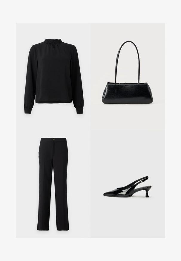 Schwarzbluse mit langen Ärmeln und Stehkragen, strukturiertem Stoff, gerafften Details am Ausschnitt und schmalen Manschetten. Einfaches, klares Design.; Schwarze Hose mit geradem Bein, aus glattem Stoff gefertigt. Verfügt über einen vorderen Knopfverschluss und seitliche Taschen.; Schwarze Lackleder Slingback-Schuhe mit spitzem Zehenbereich und niedrigem Blockabsatz. Verstellbarer Riemen mit Schnalle am Knöchel.; Schwarze rechteckige Schultertasche mit langen dünnen Trägern und einer glatten, glänzenden Textur auf einfarbigem Hintergrund.