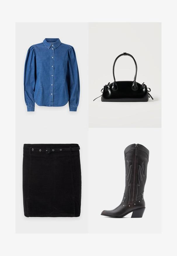 Denim shirt in een lichtblauwe kleur, met een knoopsluiting aan de voorkant en een op maat gemaakte kraag. Heeft opgezette lange mouwen en een gebogen zoom.; Zwarte corduroy rok met een aansluitend ontwerp, voorzien van een riem, zilverkleurige hardware en een subtiele verticale ribbeltextuur.; Bruine leren cowboylaarzen met vlamstiksels, zijrits, zilveren studs, spits toelopende neus en gestapelde hak.; Kleine zwarte glanzende handtas met twee lange hengsels en zijkant trekkoord details op een effen lichte achtergrond.