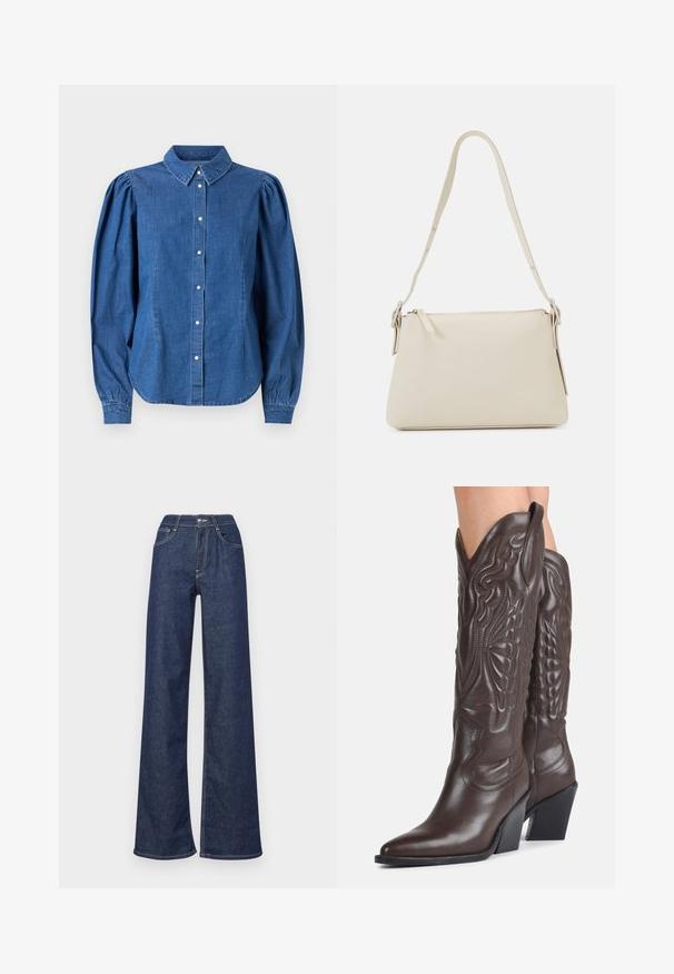 Denim shirt in een lichtblauwe kleur, met een knoopsluiting aan de voorkant en een op maat gemaakte kraag. Heeft opgezette lange mouwen en een gebogen zoom.; Wijde denim jeans in donkerblauw, met een hoge taille, voorzakken, zichtbare stiksels en een schone afwerking aan de onderkant.; Donkerbruine leren cowboylaarzen tot over de knie met puntige neuzen, decoratieve stiksels en schuine blokhakken gedragen door een persoon.; Beige schoudertas van glad leer met een ritsluiting. Kenmerkt zich door een eenvoudig ontwerp, een slanke schouderband en metalen hardwareaccenten.
