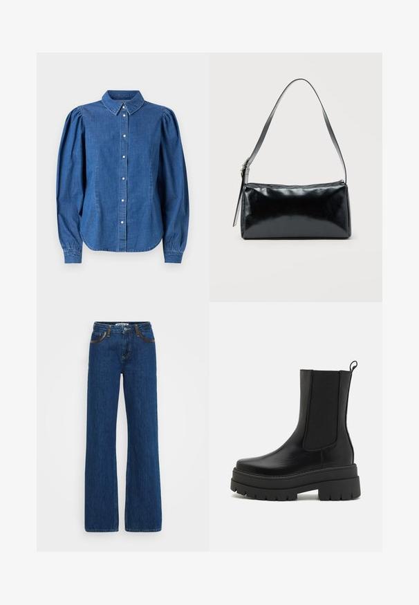 Denim shirt in een lichtblauwe kleur, met een knoopsluiting aan de voorkant en een op maat gemaakte kraag. Heeft opgezette lange mouwen en een gebogen zoom.; Blauwe flared jeans van denim met contrasterende stiksels, een vijf-pocket ontwerp en een ritssluiting. De stof heeft een zachte textuur met een lichte vervaging.; Simmi London FINLAY - Enkellaarsjes met plateauzool - black; Zwarte rechthoekige schoudertas met een enkele verstelbare band en een bovenste ritssluiting op een effen achtergrond.