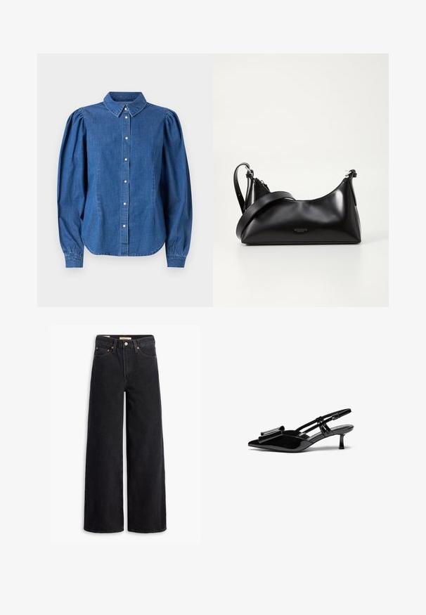 Denim shirt in een lichtblauwe kleur, met een knoopsluiting aan de voorkant en een op maat gemaakte kraag. Heeft opgezette lange mouwen en een gebogen zoom.; Zwarte brede jeans gemaakt van denim, met vijf zakken, koperen klinknagels en een klassieke knoopsluiting. Glad van textuur met een strakke uitstraling.; Zwarte gepatineerde lederen slingback hakken met een puntige neus, een strikdetail aan de voorkant en een kleine stilettohak. De bandjes hebben verstelbare gespen.; Zwarte leren handtas met een gladde textuur. Beschikt over een verstelbare schouderband en een strak, minimalistisch ontwerp met een ritssluiting.