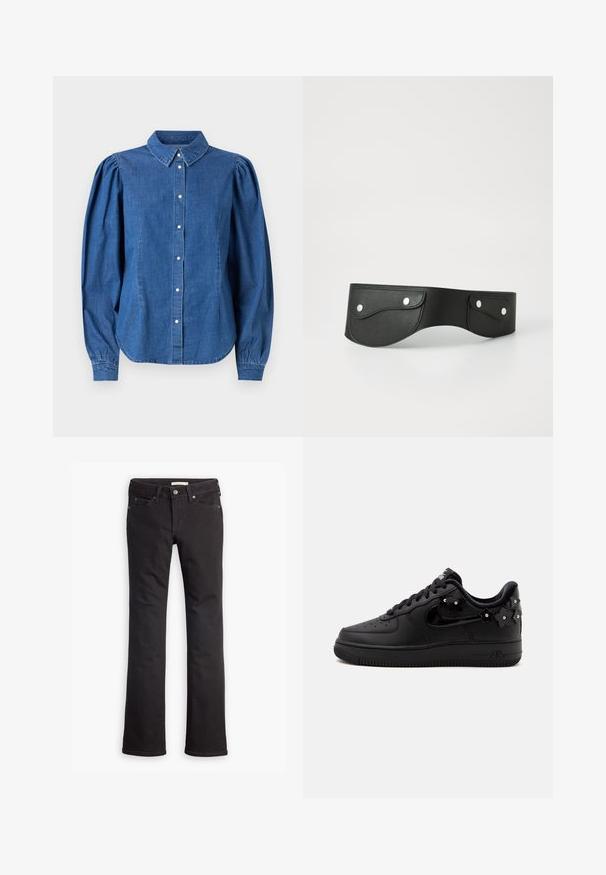 Denimskjorte i lyseblå farve, med knaplukning foran og skræddersyet krave. Har pufærmer og en buet kant.; Sorte jeans lavet af denim, med lige ben-design, standard talje, fem lommer og diskrete syninger.; Sort lav sneakers med snørelukning foran, blank sort swoosh og små sorte blomsterdekorationer med sølvnitter på siden og hælen.; Sort læderbælte med to runde lommer, sikret med sølvtrykknapper. Glat tekstur, let buet design.