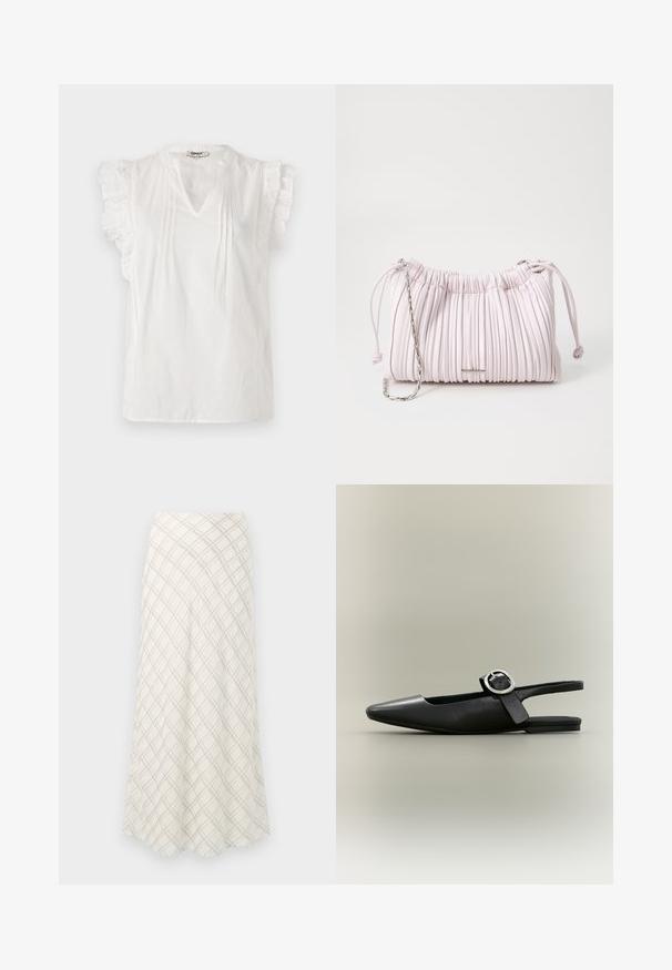 Blouse blanche à manches courtes avec des accents en volants, décolleté en V, plis et texture à pois sur l'ensemble. Confectionnée en tissu léger.; Jupe longue de couleur crème avec un motif à carreaux diagonal gris. Design fluide avec une texture lisse, s'évasant vers l'ourlet.; Chaussure plate slingback noire à bout pointu, boucle argentée et petit talon sur fond neutre.; Sac à main plissé rose en simili cuir, avec une fermeture à cordon et une bandoulière en chaîne argentée. Texture lisse, forme compacte.