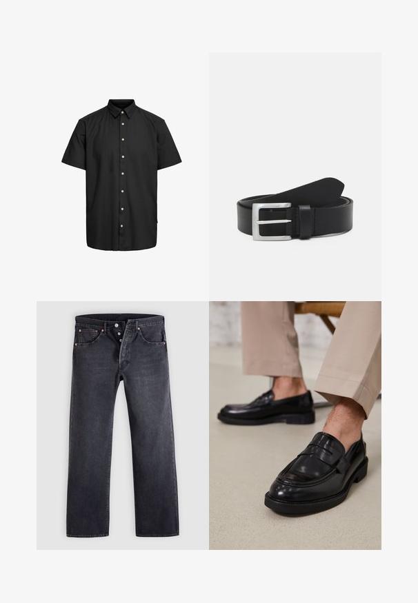 Chemise noire à manches courtes en tissu lisse, avec un col boutonné, des boutons sur le devant ornés d'accents de couleur claire, et un ourlet droit.; Jean en denim noir avec une coupe droite, design à cinq poches, et boutons en cuivre. Texture lisse avec une légère finition délavée.; Mocassins en cuir noir avec une finition lisse, ornés d'une sangle décorative et de coutures contrastées, associés à un pantalon beige.; Ceinture en cuir noir avec une texture lisse, boucle rectangulaire en argent et une boucle pour l'extrémité. Présente des coutures soignées le long des bords.