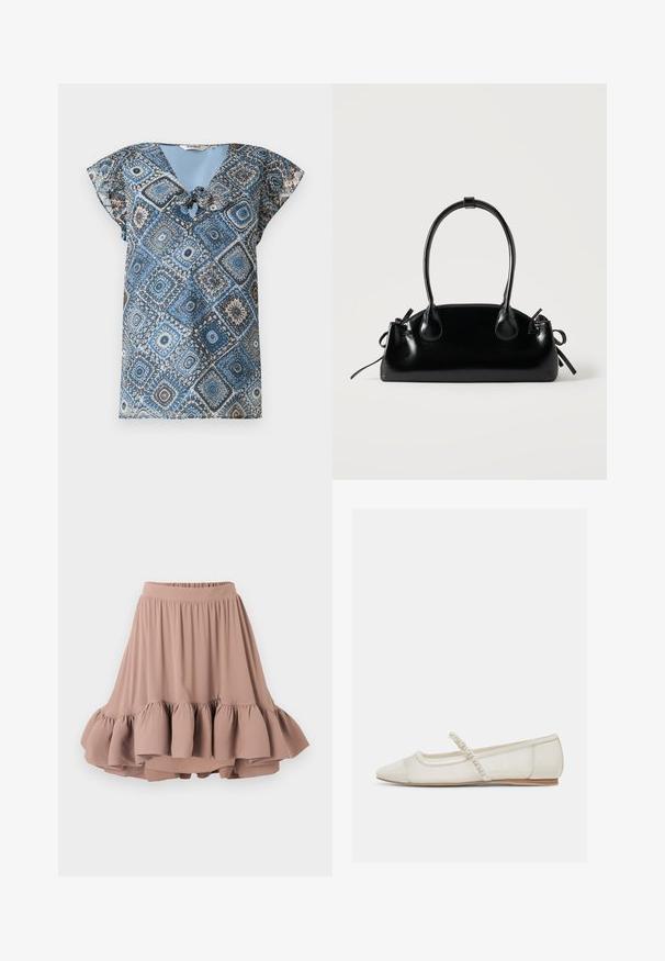 Blouse à manches courtes bleu et marron avec motifs losanges et cercles, col en V et détail noué à l'avant.; Jupe beige clair jusqu'aux genoux en tissu doux, avec une large ceinture et un ourlet à volants évasés et superposés. Texture lisse tout au long.; Chaussure plate ivoire à bout pointu avec bride ornée de perles et petit talon en bois, vue de côté sur un fond clair.; Petit sac à main noir brillant avec deux longues anses et des détails à cordon sur les côtés sur un fond clair uni.