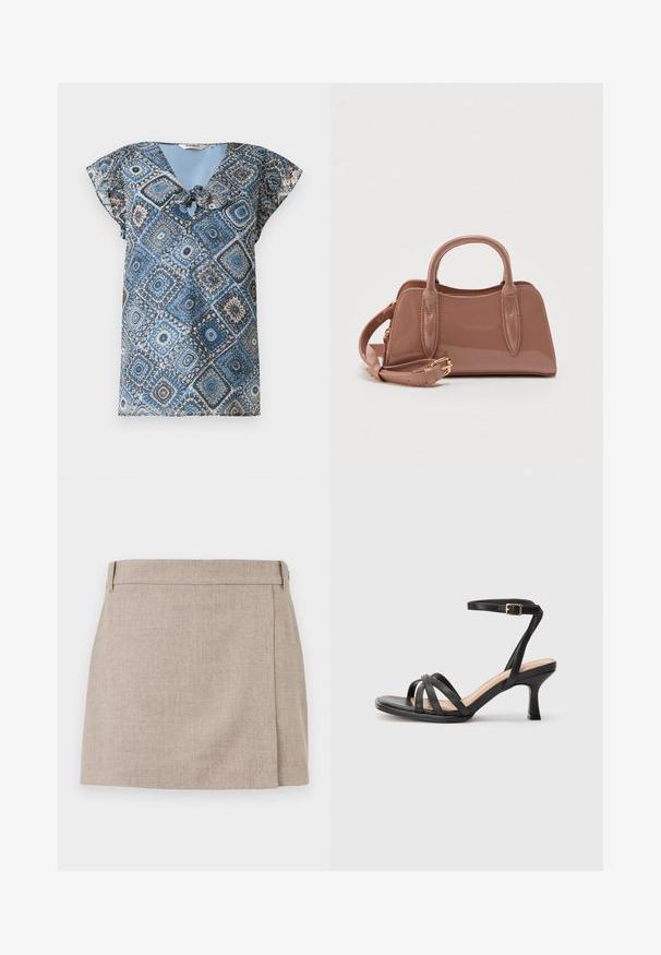 Blouse à manches courtes bleu et marron avec motifs losanges et cercles, col en V et détail noué à l'avant.; Jupe courte beige à texture de lin avec un design portefeuille épuré, passants pour ceinture et une légère fente sur le côté droit.; Sandales à talons noirs avec plusieurs fines lanières sur le bout, une seule lanière à la cheville avec une boucle dorée, et un bout carré.; Sac à main brillant couleur rose avec deux poignées supérieures, une bandoulière détachable et des détails de couture décorative. Forme compacte et structurée.