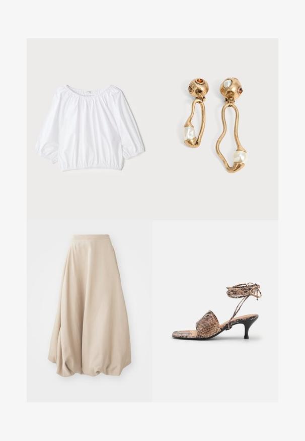 Hvid, letvægts bluse med rund halsudskæring, trekvartlange pufærmer og elastisk talje, som har en glat, skinnende tekstur.; Beige ballon nederdel lavet af blødt stof. Har en høj talje og en voluminøs design med samlet tekstur ved kanten.; Filippa K LACE UP - Sandaler - beige; Øreringe i guldtone med uregelmæssige åbne former, hver med en perle i bunden og ædelstensdetaljer på de runde nitter.