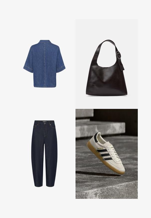Denimskjorte med korte ærmer, mellemblå farve, klassisk krave og lige afslutning med synlige stikninger på kanterne.; Mørkeblå jeans med høj talje og lige ben, lukket med forreste knap og lynlås samt fem-lomme design.; Hvid Adidas Spezial sneaker med sorte striber og gummisål, svævende over grå stentrin udendørs.; Brun læder skuldertaske med en glat tekstur, rund form, bred rem og cirkulært metalaccent på håndtaget.