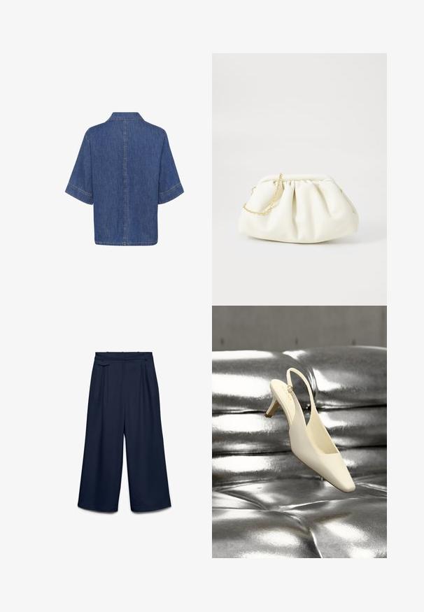 Denim särgid, lühikesed varrukad, keskmiselt sinine värv, klassikaline krae ja sirge hem, mille servadel on nähtavad õmblused.; Meresinine laia säärega lühikesed püksid voldikute, vööaasade ja vööjoonel küljeklapi detailiga.; Kreemjas slingback-stiilis kassikandaga king ruudukujulise ninaosaga, mis toetub läikivale hõbedasele tuftitud nahkpinnale.; Valge nahast käsipadi, millel on kogutud disain, kuldne kett ja ümar kuju. Sile tekstuur pehmete voltidega ja ilma mustriteta.