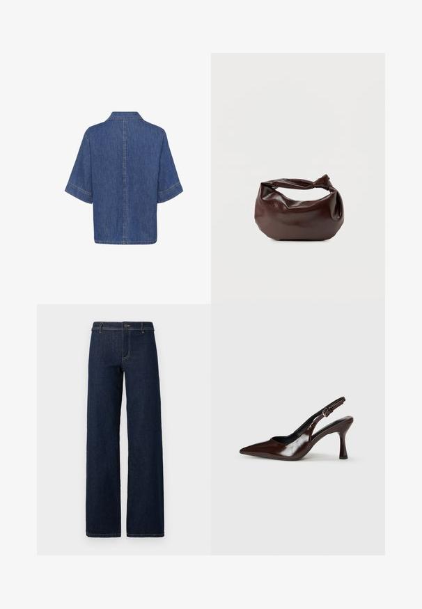 Denim särgid, lühikesed varrukad, keskmiselt sinine värv, klassikaline krae ja sirge hem, mille servadel on nähtavad õmblused.; Laiad tumedad teksad viis taskuga, valmistatud denimist, kuldsete õmbluste ja nööbiga kinnitusega vööl.; Pruunid patendiga nahast slingback kontsad terava varbaga, õhukese kontsaga ja reguleeritava rihmaga, millel on väike hõbe kinnitussõlm.; Tumepruunast nahast õlakott, pehme ja lõdva vormiga, keeratud sõlme tüüpi sangaga, valgel ühevärvilisel taustal.