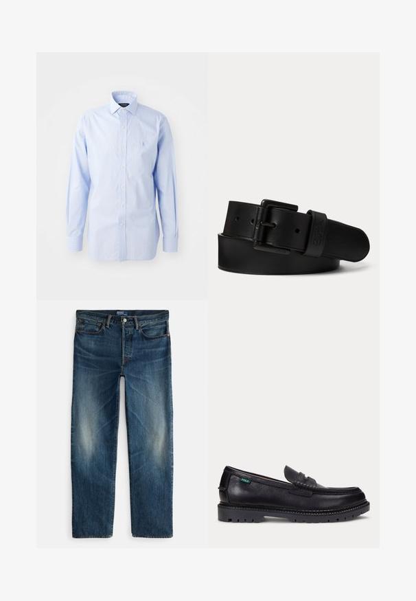 Hellsblau gestreift, mit klassischen Kragen, langen Ärmeln und einem kleinen Logo auf der linken Brust.; Indigoblaue Denim-Jeans mit geradem Bein, Fünf-Taschen-Design und subtilen Verblassungen an den Oberschenkeln. Metallknopf- und Reißverschlussverschluss.; Schwarzer Lederloafer mit dicker Profilsohle und kleinem grünen "Polo"-Etikett an der Außenseite nahe der Ferse.; Schwarzer Ledergürtel mit schwarzer rechteckiger Schnalle und eingeprägtem Logo an der Gürtelschlaufe, zusammengerollt auf einem schlichten hellen Hintergrund.