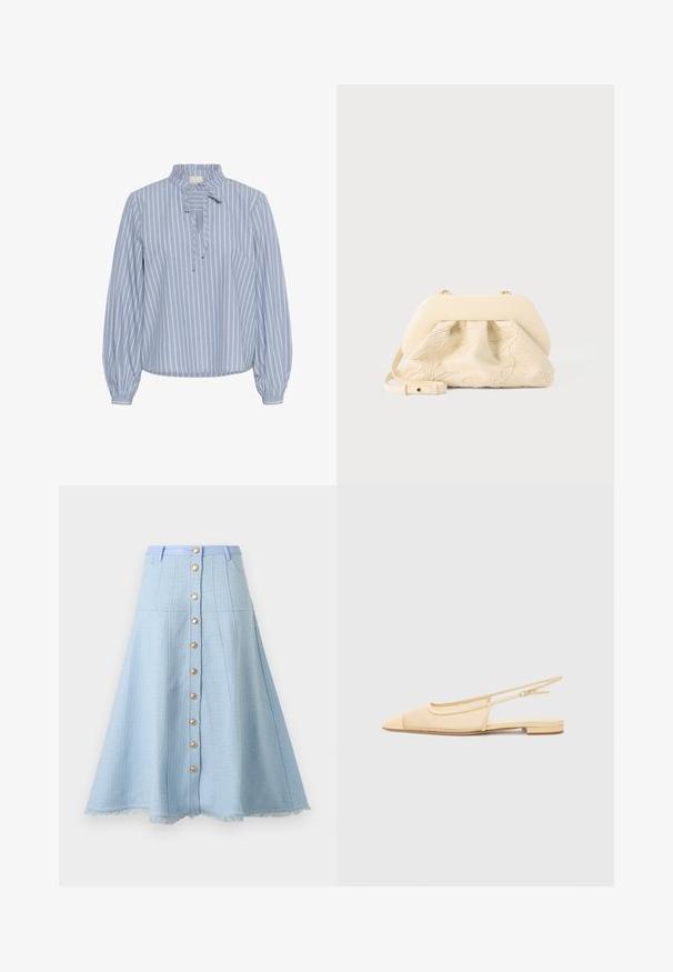 Kaffe KAMILINA - Blusa - windward blue melange stripe; Falda azul claro en línea A con botones dorados en el centro, cinturón a juego, tejido texturizado y detalle de dobladillo deshilachado.; Zapato plano tipo slingback en beige claro con parte superior de malla, punta afilada y tacón bajo. Cuenta con una correa ajustable para un mejor ajuste.; Bolso de tela color crema con bordado floral, marco superior redondeado y suave, y correa ajustable, colocado en primer plano sobre un fondo gris claro.