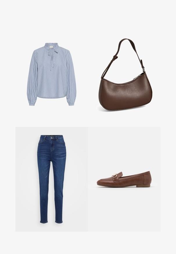 Kaffe KAMILINA - Blouse - windward blue melange stripe; Hogestraat, slim-fit jeans in donkerblauwe denim. Voorzien van vijf zakken, riemlussen en een knoopsluiting met subtiele vervaging langs de benen.; Bruine leren instappers met een platte zool, een gestikt ontwerp en een detail met goudkleurige gesp op de band over de wreef.; Kleine bruine leren schoudertas met verstelbare band en ritssluiting, getoond tegen een witte achtergrond. Geen zichtbaar merk of versieringen.
