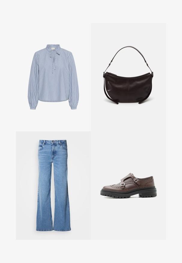 Kaffe KAMILINA - Blouse - windward blue melange stripe; Lichtblauwe jeans met wijde pijpen, gemaakt van denim. Voorzien van een klassiek ontwerp met vijf zakken en een zichtbare knoopsluiting. Zachte textuur en een eenvoudige afwerking.; Bruine leren brogue derby schoen met dubbele zilveren gespen en een dikke zwarte profielzool, zijaanzicht op witte achtergrond.; Donkerbruine leren schoudertas met een gebogen vorm, gladde textuur en een enkele verstelbare strap. Voorzien van een ritsluiting.
