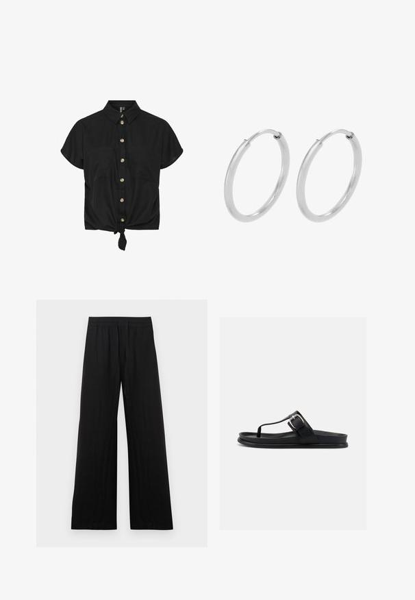 Schwarzes kurzärmliges Hemd mit durchgehender Knopfleiste, zwei Brusttaschen und geknotetem Saum, aus einem leichten Stoff gefertigt. Goldene Knöpfe betonen das Design.; Schwarze, weit geschnittene Hose aus Baumwollstoff. Mit elastischem Bund und einer glatten, strukturierten Oberfläche. Keine sichtbaren Muster oder Akzente.; Schwarze Zehensandale mit gepolsterter Sohle und verstellbarem Riemen mit silberner Schnalle, seitlich auf weißem Hintergrund dargestellt.; Silberne Creolen, kreisförmig, mit glatter, glänzender Oberfläche und gleichbleibender Breite. Minimalistisches Design ohne zusätzliche Akzente.
