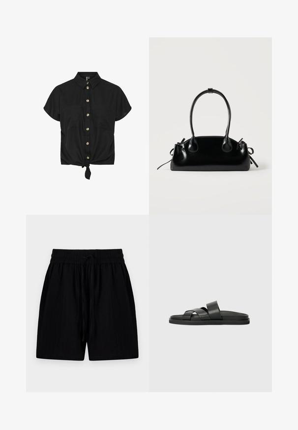Schwarzes kurzärmliges Hemd mit durchgehender Knopfleiste, zwei Brusttaschen und geknotetem Saum, aus einem leichten Stoff gefertigt. Goldene Knöpfe betonen das Design.; Schwarze Shorts aus leichtem Material mit einem verstellbaren Bund, ausgestattet mit Seitentaschen und einer strukturierten Oberfläche.; Schwarze Leder-Sandalen zum Hineinschlüpfen mit flacher Sohle, ausgestattet mit zwei breiten, überkreuzten Riemen für Halt und einer glatten Textur.; Kleine schwarze glänzende Handtasche mit zwei langen Griffen und seitlichen Kordelzug-Details vor einfachem hellem Hintergrund.