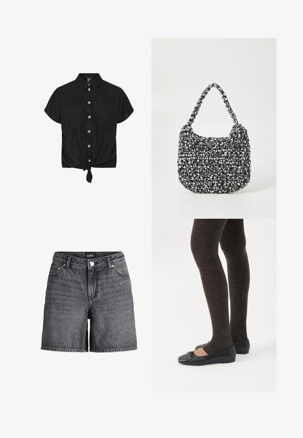 Sort kortærmet skjorte med knaplukning fortil, to brystlommer og en bund der kan knyttes, lavet af et letvægtsstof. Gyldne knapper fremhæver designet.; Sortvaskede denimshorts med knap foran, bæltestropper, forlommer og et JXX-mærke på linningen.; Ben iført mørke ribbede leggings kombineret med sorte balletsko med små sløjfedetaljer på hvid baggrund.; Vævet håndtaske i sort og hvid med en rund form, tekstureret overflade og et fletet håndtag. Velegnet til afslappet brug.