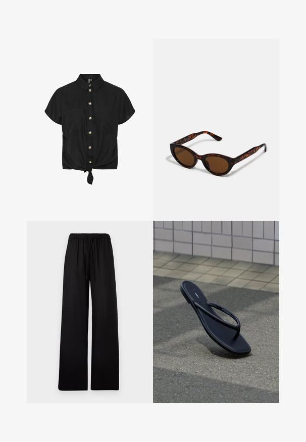 Camisa negra de manga corta con botón en el frente, dos bolsillos en el pecho y un dobladillo atado, hecha de una tela ligera. Botones dorados acentúan el diseño.; Pantalones negros de pierna ancha con cintura elástica y cordón, mostrados planos sobre un fondo gris claro.; Una chancla negra individual descansando sobre un pavimento gris texturizado junto a una pared beige con azulejos al aire libre.; Gafas de sol de carey marrón con una forma vintage de ojo de gato y lentes marrones. Presentan brazos curvados con acentos rojos.