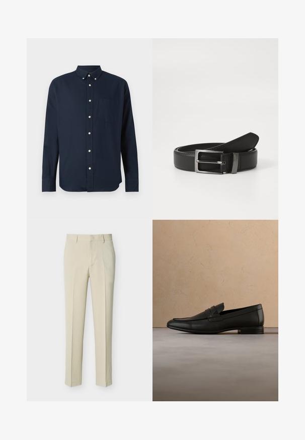 Marineblauw overhemd met lange mouwen, een kraag, een knoopsluiting aan de voorkant en een borstzak. Gemaakt van een zachte stof.; Beige, op maat gemaakte rechte broek met riemlussen en een voorrits, weergegeven tegen een effen lichte achtergrond.; Zwarte leren loafer die zweeft boven een beige tapijt met een beige bank in een minimalistische binnenomgeving.; Zwarte leren riem met een zilveren metalen gesp, met een gladde afwerking en een klassiek ontwerp. De riem is netjes opgevouwen.