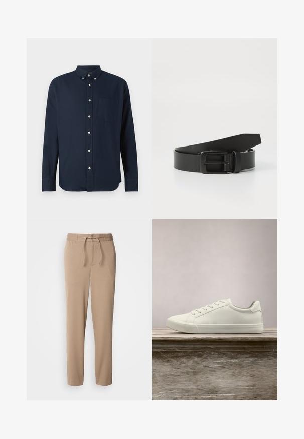 Marineblauw overhemd met lange mouwen, een kraag, een knoopsluiting aan de voorkant en een borstzak. Gemaakt van een zachte stof.; Beige sweatpants gemaakt van zachte katoen, met een elastische tailleband, trekkoord, slim fit en rechte benen zonder patronen.; Witte vetersneaker die boven een houten bank zweeft met groene bladeren op de achtergrond, waarbij het ontwerp en de textuur van de schoen worden getoond.; Zwarte leren riem met een matte zwarte metalen gesp, met een gladde textuur en eenvoudig ontwerp. Verstelbare lengte met een taps toelopend uiteinde.