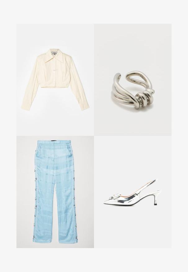 Chemise à manches longues coupée, de couleur beige clair avec des rayures verticales. Elle présente un col pointu, une fermeture par boutons et un tissu texturé.; Ahluwalia EMBELLISHED TROUSER - Pantalon classique - blue; Chaussure à talon haut slingback métallisée argent avec bout pointu et nœud décoratif à l'avant, vue de profil sur fond blanc.; Bague en métal argenté ajustable présentant des brins torsadés et un motif noué, finition polie avec des surfaces et des courbes lisses.
