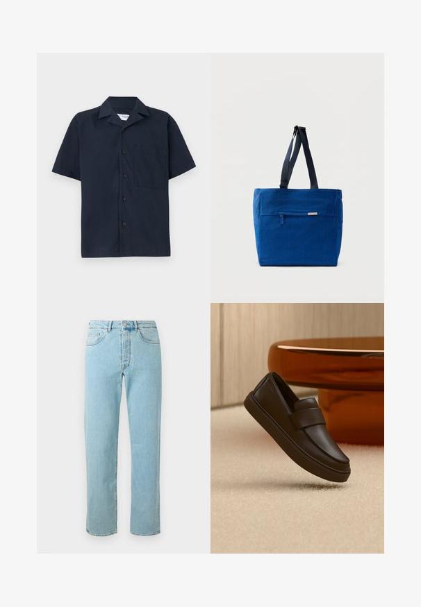 Camisa de manga corta azul marino hecha de tejido suave, con cuello, cierre de botones y un único bolsillo en el pecho. Diseño sencillo sin patrones.; Jeans de mezclilla azul claro con corte recto, que cuentan con cinco bolsillos, cremallera y un ligero desgaste en toda la tela.; Un único zapato mocasín de cuero marrón oscuro flotando sobre una alfombra color crema con una mesa naranja redondeada al fondo.; Bolsa de lona azul con un bolsillo frontal con cremallera, correas dobles para el hombro y forma rectangular. Cuenta con una etiqueta de marca sutil.