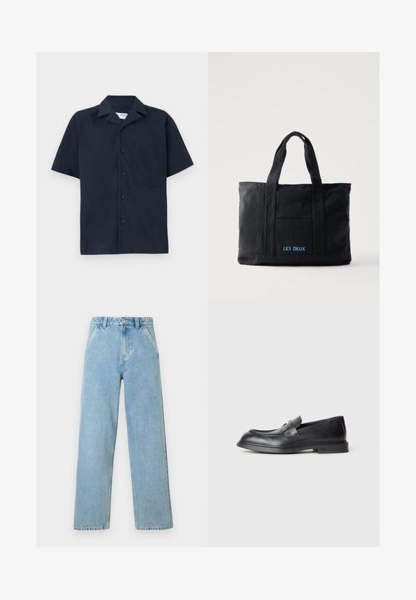 Camisa de manga corta azul marino hecha de tejido suave, con cuello, cierre de botones y un único bolsillo en el pecho. Diseño sencillo sin patrones.; Jeans de mezclilla azul claro de pierna recta con bolsillos delanteros, trabillas para cinturón, cierre de botón y detalles de costuras visibles sobre un fondo blanco.; Mocasines de cuero negro con acabado texturizado, que cuentan con una correa decorativa en la parte delantera y punta redondeada. Suela de goma para mayor durabilidad.; Bolsa tote de lona negra con dos asas, bolsillo frontal y "LES DEUX" bordado en azul en el bolsillo delantero.