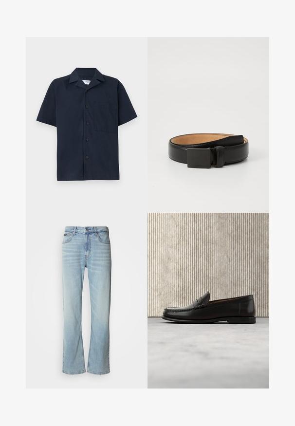 Marineblauwe kortemouwshirt van gladde stof, met een kraag, knoopsluiting en een enkele borstzak. Eenvoudig ontwerp zonder patronen.; Lichtblauwe denim jeans met een rechte pijp, voorzien van vijf zakken, een knoopsluiting en subtiele vervaging op de stof.; Zwarte leren penny loafer met lage hak, afgeronde neus en gestikte details langs de voorkant en zijkanten, afgebeeld op een neutrale achtergrond.; Zwarte leren riem met een gladde afwerking, voorzien van een rechthoekige zwarte metalen gesp en een beige binnenvoering. Eenvoudig, klassiek ontwerp.