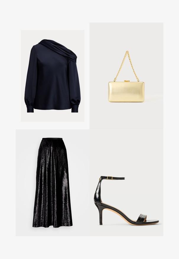 Tumed blouse, millel on drapeeritud asümmeetriline kaelus, pikad puff-sleeved varrukad, sile satiinmaterjal ja sobiv äär.; Musta midi seelik, mis on valmistatud läikivast tekstureeritud kangast. Sellel on elastne vöökoht ja voogav disain, millel on kogu pinnal peen sära.; Mustmust nahk sandaalid kõrge kontsaga, pahkluu rihm, terav nina ja tekstureeritud krokodillimuster. Kuldsed detailid pandlal.; Ristkülikukujuline kuldne kokkupandav käekott läikiva viimistluse, metallkinnise ja lühikese kuldse ketist käepidemega helel ühtlasel taustal.