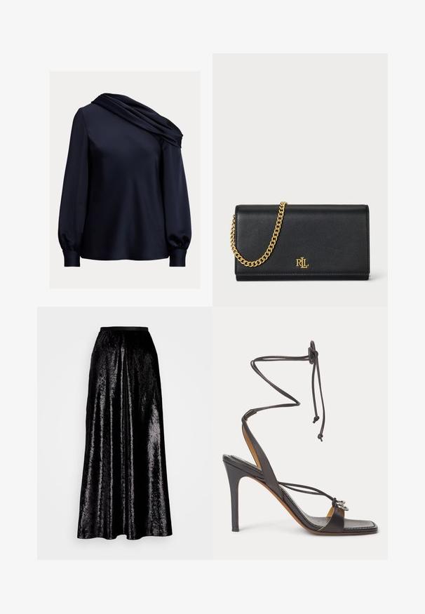 Navy blauwe blouse met een gedrapeerde asymmetrische halslijn, lange pofmouwen, glad satijnen materiaal en een aansluitende zoom.; Zwarte midi-rok gemaakt van glanzende, gestructureerde stof. Het beschikt over een elastieke tailleband en een vloeiende ontwerp, met een subtiele glans overal.; Zwarte sandalen met hoge hak en dunne enkelriempjes, open teen en zilveren decoratieve ringen op de voorste band tegen een witte achtergrond.; Zwarte leren portemonnee met een gouden chain strap, voorzien van een gouden logo aan de voorkant. Minimalistisch ontwerp met een gladde textuur en een slanke vorm.
