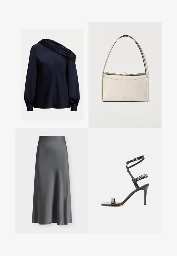 Navyblaue Bluse mit einem drapierten asymmetrischen Ausschnitt, langen Puffärmel, glattem Satinmaterial und einem taillierten Saum.; Dunkelgrauer, hoch taillierter Satin-Midirock mit glatter Textur und leicht ausgestelltem Saum vor einem schlichten weißen Hintergrund.; Schwarze Sandalette mit hohem Absatz, schlankem Knöchelriemen, Mittelriemen verziert mit silbernen Kettengliedern und offenem Zehendesign.; Cremefarbene Lederhandtasche mit gebogenem oberen Griff, goldfarbenem Verschluss und kleinem goldfarbenem Furla-Logo, das mittig auf dem Vorderpanel angebracht ist.