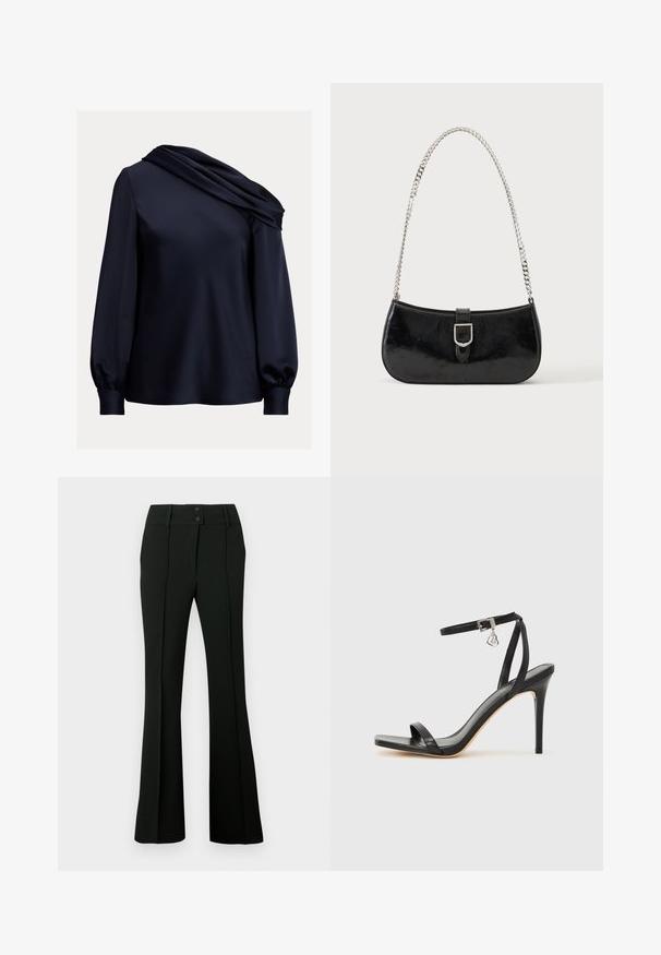 Navyblaue Bluse mit einem drapierten asymmetrischen Ausschnitt, langen Puffärmel, glattem Satinmaterial und einem taillierten Saum.; Schwarze, ausgestellte Hose aus glattem Stoff mit hohem Bund und zwei Knöpfen sowie vorderen Abnähern für eine taillierte Optik.; Schwarze High-Heel-Sandale mit schmalem Knöchelriemen, quadratischer Zehenbox, glattem Leder und metallischem Schnallenakzent.; Schwarze Schultertasche aus Lackleder mit silberner Schnalle und silbernem Kettenriemen, auf hellem einfarbigen Hintergrund präsentiert.