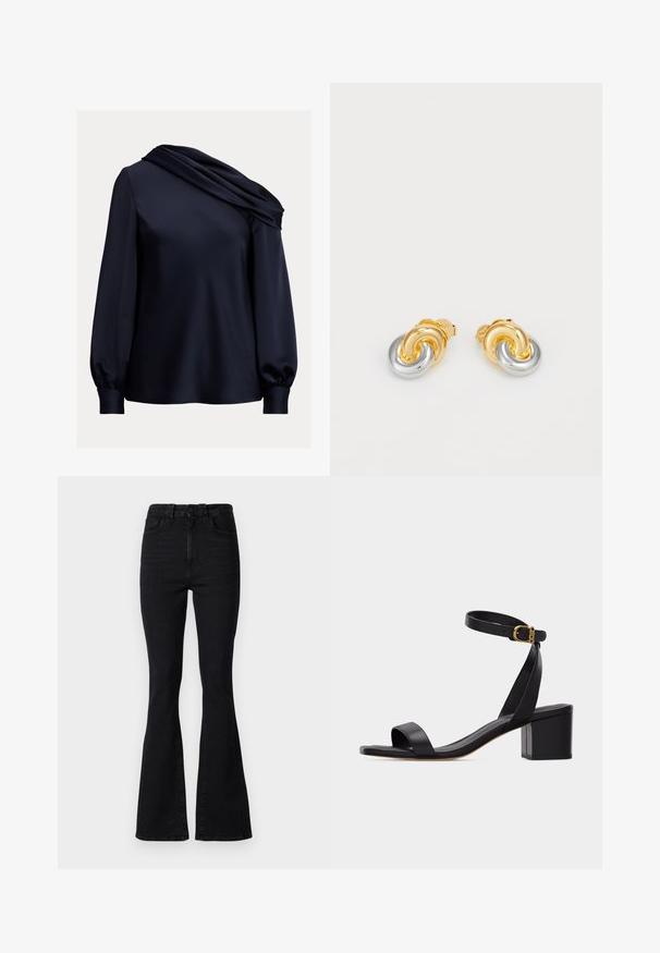 Navyblaue Bluse mit einem drapierten asymmetrischen Ausschnitt, langen Puffärmel, glattem Satinmaterial und einem taillierten Saum.; Schwarze Schlagjeans mit hoher Taille, aus Denim. Merkmale sind ein Knopfverschluss, ein Fünf-Taschen-Design und eine glatte Textur.; Schwarze Sandale mit offenem Zehenbereich, Blockabsatz und Knöchelriemen mit einer kleinen goldenen Schnalle, von der Seite auf neutralem Hintergrund gesehen.; Gold- und silberfarbene, knotengeformte Ohrringe mit glatten Oberflächen und polierter Verarbeitung, ausgestattet mit einem sicheren Verschluss für den Tragekomfort.
