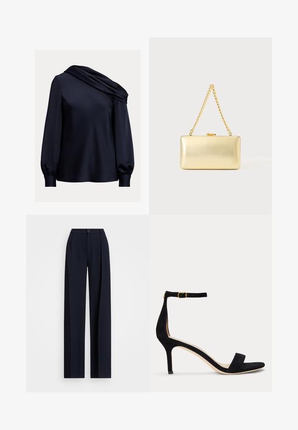 Marineblå bluse med en draperet asymmetrisk halsudskæring, lange puffærmer, glat satinmateriale og en tætsiddende kant.; Mørkeblå brede bukser med folder, knappelukning og en glat stofstruktur. Designet til en løs og komfortabel pasform.; Sort ruskind sandal med høje hæle med en tynd ankelstrop og guldlås, åben tå og moderat hælhøjde på en ens hvid baggrund.; Rektangulær guld clutch taske med skinnende overflade, metal-lås og kort guldkædehank mod en lys ensfarvet baggrund.