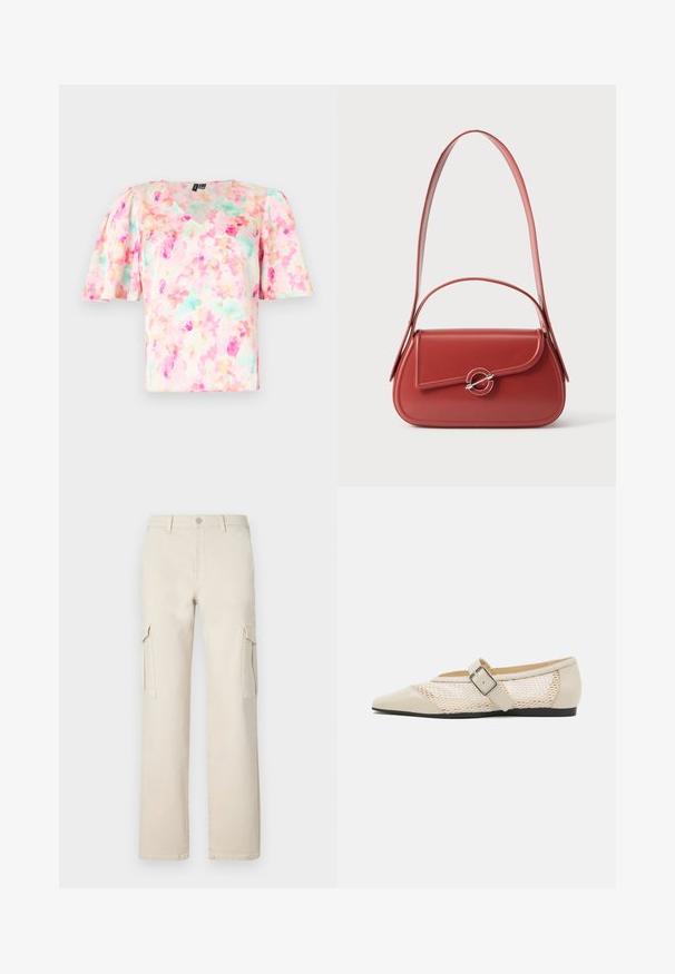 Blouse à imprimé floral dans des tons pastel de rose et de vert menthe, dotée d'un décolleté en V et de manches courtes bouffantes, fabriquée en tissu léger.; Pantalons cargo larges beiges en coton, avec deux poches latérales et une fermeture à boutons. Présente un design épuré et une silhouette droite.; Ballerines beiges à bout pointu avec un design à panneaux en maille, dotées d'une sangle à boucle et d'une semelle noire basse, mettant en avant un contraste de texture.; Sac à main en cuir rouge avec une longue bandoulière réglable et un rabat incurvé fermé par un fermoir circulaire en argent.