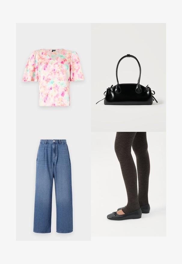 Blouse à imprimé floral dans des tons pastel de rose et de vert menthe, dotée d'un décolleté en V et de manches courtes bouffantes, fabriquée en tissu léger.; Jean large en denim bleu clair à taille haute, avec des plis, une fermeture à bouton et un ourlet brut en bas.; Jambes portant des leggings côtelés foncés associés à des ballerines noires avec de petits détails en nœud sur fond blanc.; Petit sac à main noir brillant avec deux longues anses et des détails à cordon sur les côtés sur un fond clair uni.